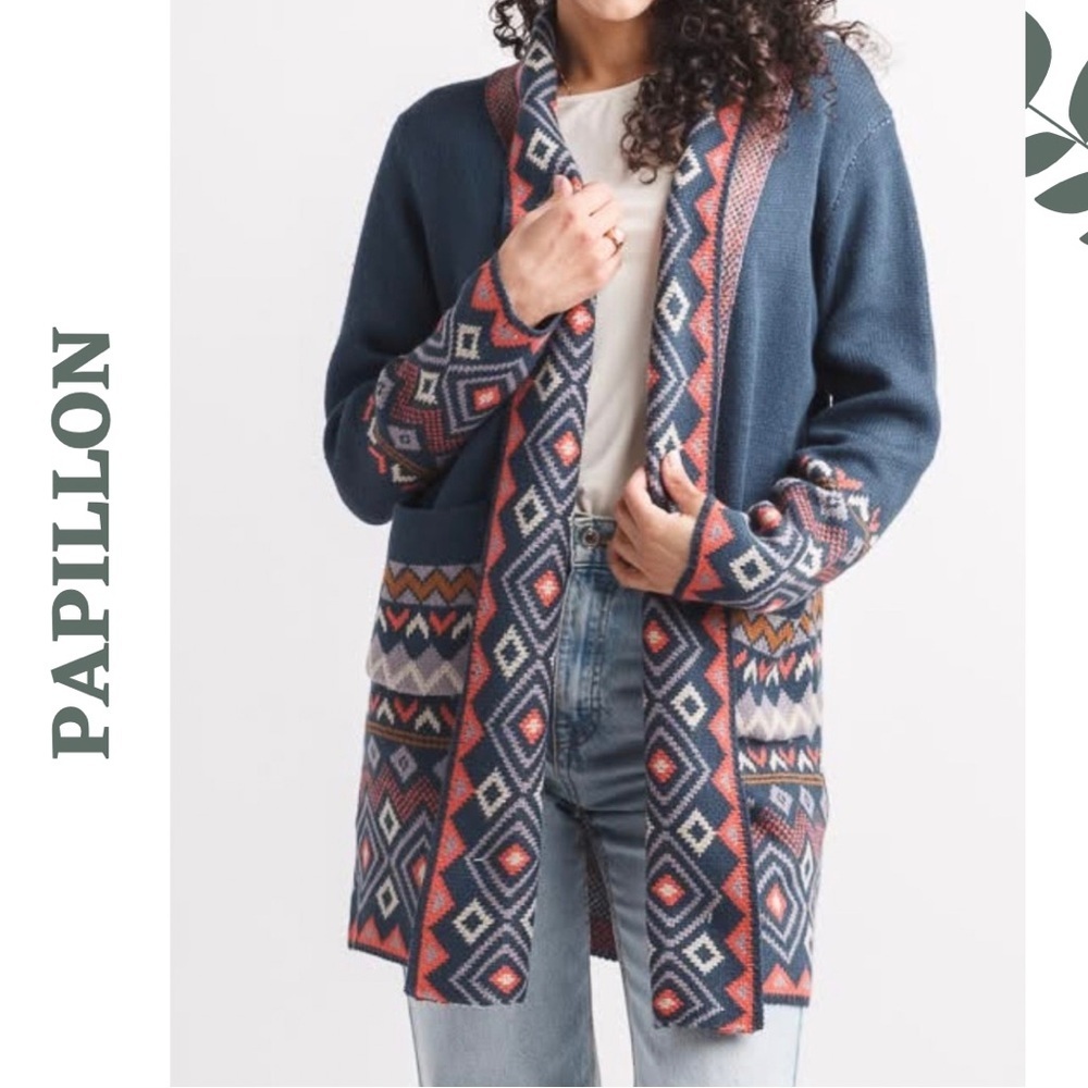 Papillon Blue Aztec Knit Cardigan Long Open Sweater Large